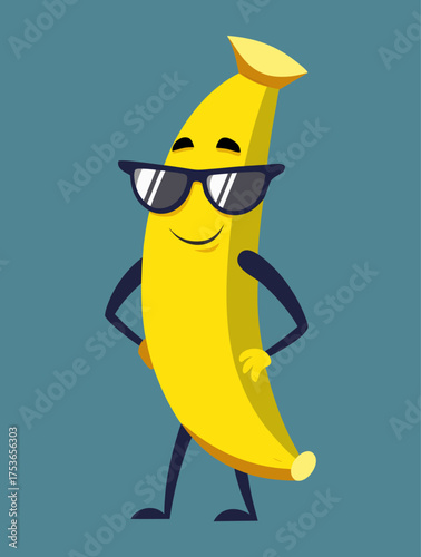 Smiling banana cartoon in sunglasses with confident attitude hands on waist and playful design on teal backdrop
