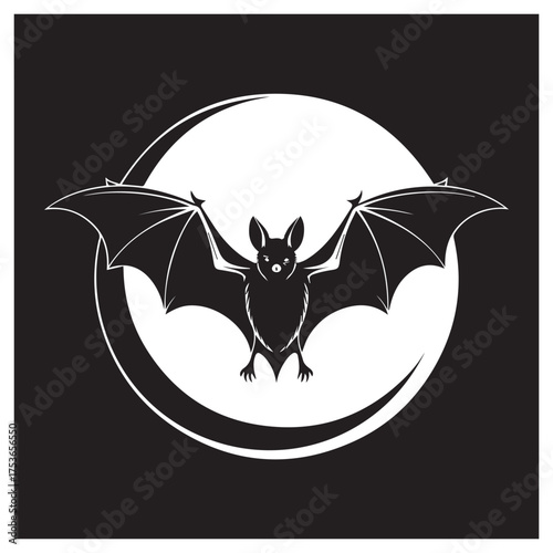 A stylized silhouette of a bat with outstretched wings flying in front of a large full moon against a dark black background