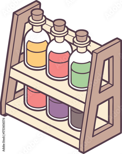 Wooden rack holding colourful potion bottles for alchemy and magic vector illustration. eps
