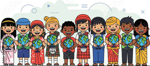 Vector art of children of different cultures holding globes, symbolizing global unity and diversity