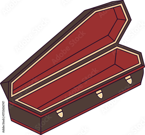 Open Gothic coffin with red interior and silver latches vector illustration. eps