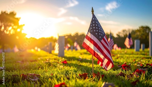A sunlit graveyard scene at dusk features multiple American flags placed on graves amidst green grass. The warm sunset highlights the setting