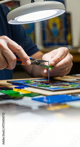 Close-up of a craftsman's hands using pliers to shape a piece of green stained glass under a bright lamp in a workshop.