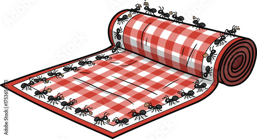 Funny picnic blanket with marching ants illustration, red checkered fabric unrolling, humorous summer outdoor scene, insect invasion concept, cartoon vector design, playful artwork