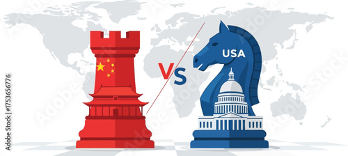 Vector art of usa vs china chess pieces, symbolizing geopolitical rivalry and trade war