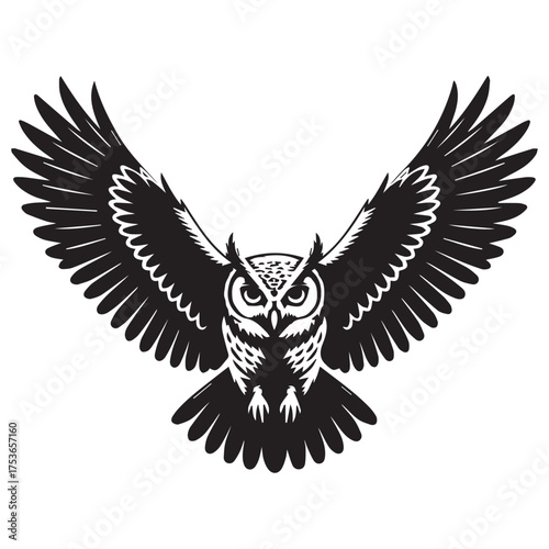 Majestic great horned owl in flight with wings spread wide against a white background symbolizing wisdom and night