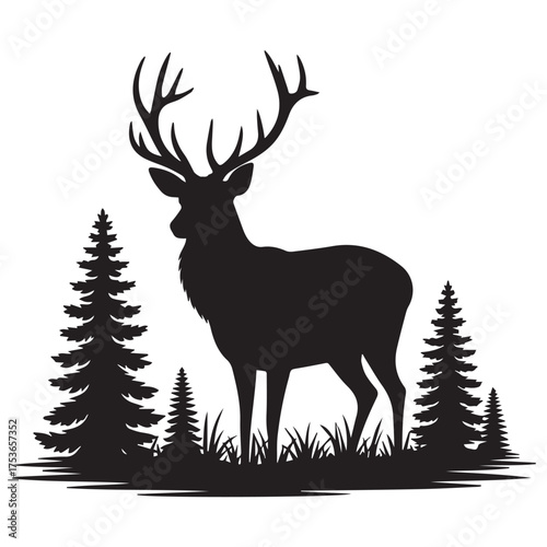 Majestic silhouette of a stag deer with antlers standing proudly among pine trees in a forest landscape