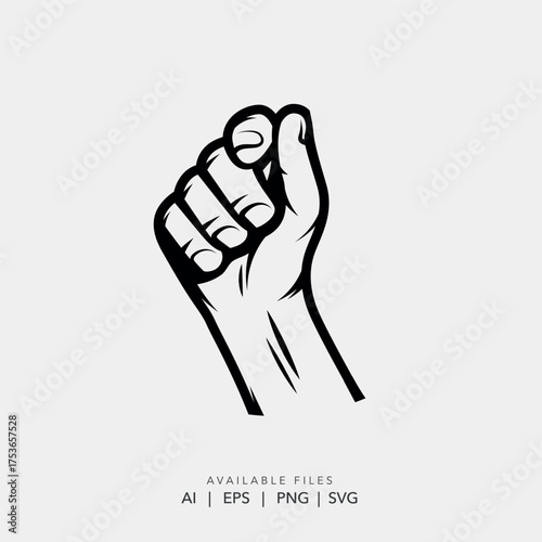 Clenched Raised Fist Symbol of Power and Protest Vector, Monochrome Hand Icon for Strength