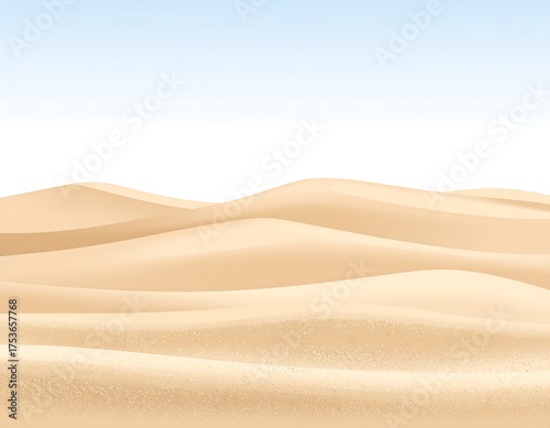 Fototapeta Naklejka Na Ścianę i Meble -  A serene desert landscape with gentle, undulating sand dunes stretching towards a soft, blue sky horizon. The light gives warm tones
