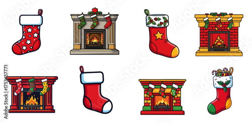 Colorful Christmas stockings and decorative fireplaces for festive season. Traditional Christmas stockings hung on mantle with cozy fire in background, enhancing holiday spirit.