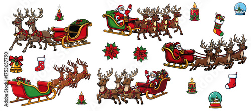 Christmas themed illustrations featuring Santa Claus and reindeer pulling festive sleighs with decorations such as candy canes, stockings, and snow globes.