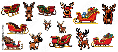 Playful reindeer with colorful sleighs in festive illustrations for holiday designs, featuring cartoon-like characters and vibrant imagery, ideal for Christmas cards and seasonal decorations.
