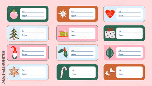 Cute Christmas labels set. Stickers for Winter holidays presents. Vintage to and from gift tags. Hand drawn flat design vector illustrations.
