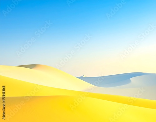 Fototapeta Naklejka Na Ścianę i Meble -  A serene desert landscape with vast sand dunes under a clear, bright blue sky. The light creates a gradient effect