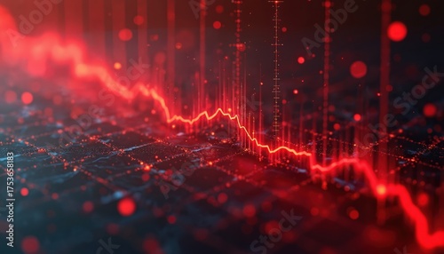 Red chart shows economic recession, market crash. Falling graph represents business decline. Abstract diagram illustrates financial losses. Diagram shows trade downfall on stock exchange. Crisis
