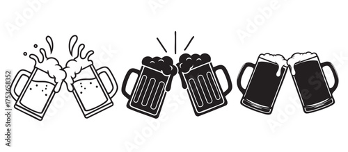 Illustration of beer mugs clinking together in celebration, the image shows both line art and solid black mugs, representing a toast or cheers with frothy beer