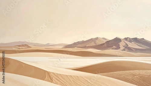 Fototapeta Naklejka Na Ścianę i Meble -  A serene desert vista with rolling sand dunes and distant mountains bathed in soft, golden sunlight