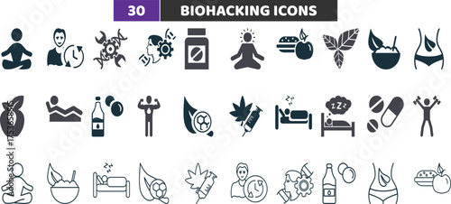 Biohacking and Wellness Icons Set - Human Optimization and Health Technology Vector Collection