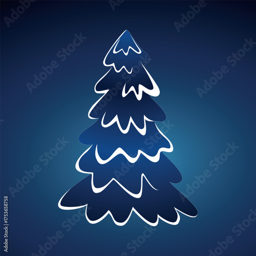 Stylized glowing blue christmas tree silhouette with white outlines against a dark blue gradient background
