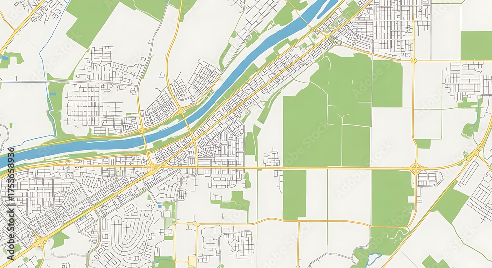 Fototapeta premium Detailed map illustration showcasing a sprawling urban area with a prominent river flowing through its center, surrounded by green spaces and infrastructure