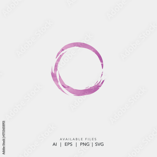 Hand drawn pink watercolor brush stroke circle logo element, Abstract enso Zen symbol 