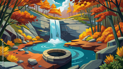 Very beautiful Looking Glass Falls plunge pool waterfall in Pisgah National Forest, Transylvania County, North Carolina, surrounded by colorful autumn foliage, rocks, and fallen logs, showcasing 