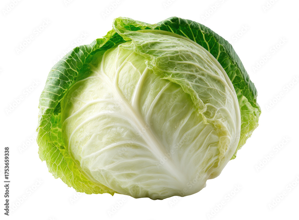 Fototapeta premium Close-up of a head of fresh cabbage. Firm, round head with tightly-packed, pale green and white leaves. Bright, vibrant green outer leaves