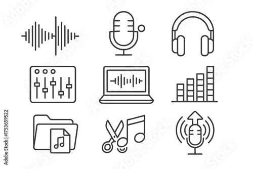 Set of 9 thin line editable icons for audio editing and podcast production, including microphones, waveforms, mixers, and post-production tools.