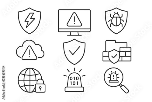 Set of 9 thin line editable icons for digital defense and threat response, including shields, alerts, firewalls, and antivirus systems.