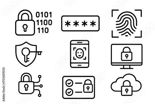 Set of 9 thin line editable icons for encryption and authentication, including locks, biometric scans, face recognition, and cloud security.