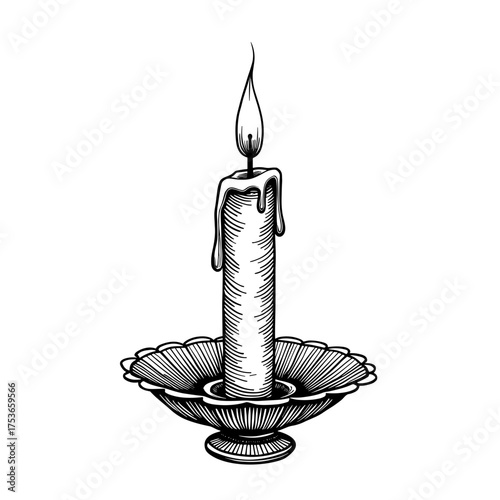 Black and white monochrome vector candle with holder and flame in vintage hand-drawn style. Christmas night scene illustration - nostalgia - vintage interior - holiday mood