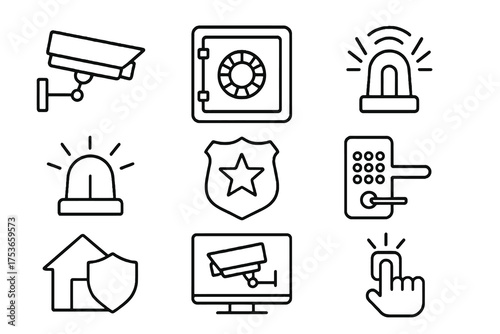 Set of 9 thin line editable icons for physical protection and surveillance, including safes, cameras, sensors, and alarm systems.