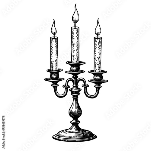 Black and white monochrome vector illustration of vintage candelabra with three burning candles. Christmas interior decor element - elegance - vintage holiday style - cozy atmosphere