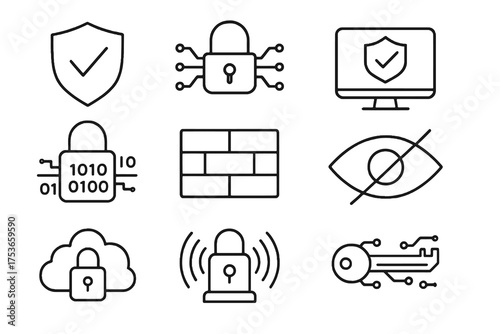 Collection of 9 linear icons about online safety and encryption, featuring keys, alarms, secure clouds, and privacy elements.