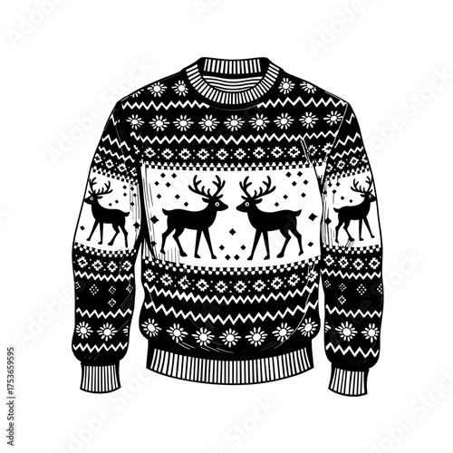 Black and white monochrome vector Christmas sweater illustration with deer and snowflakes in vintage style. Holiday apparel element - winter fashion - festive clothing