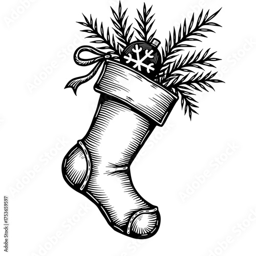 Black and white monochrome vector illustration of Christmas stocking filled with pine branches and candy cane in vintage engraving style. Festive holiday detail - gift tradition - seasonal decor