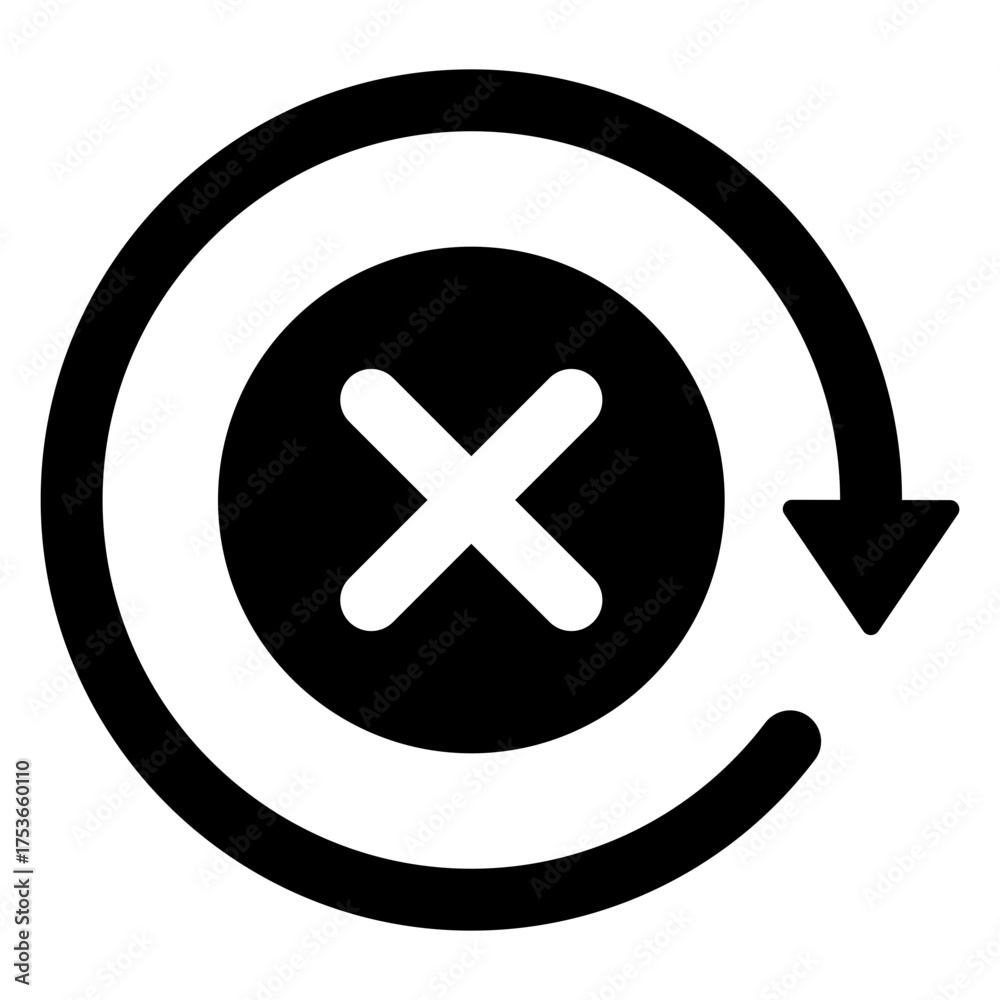 Obraz premium Black round check sync disapproved icon, simple failed rotating spin with crossmark flat design pictogram vector, app logo ads web webpage button ui ux interface elements isolated on white background