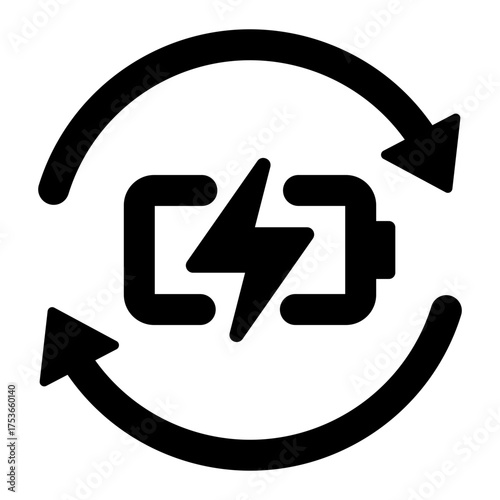 Black single recharge battery glyph icon, simple charging power with repeat arrow flat design pictogram, infographic illustration for app logo web button ui ux interface elements