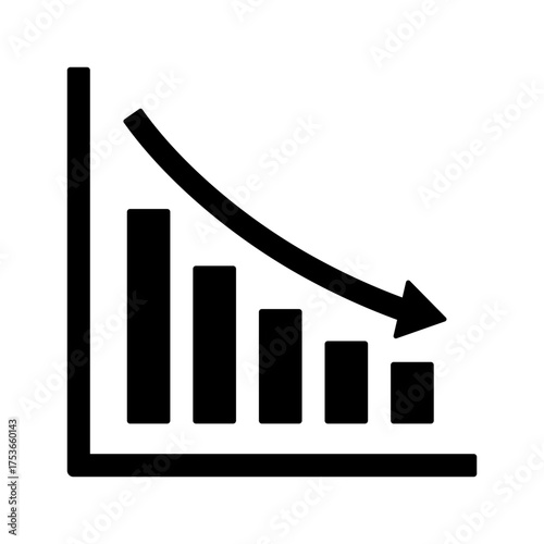 Black single financial graph with down arrow icon, simple business decline flat design pictogram vector for app ads web banner button ui ux interface elements isolated on white background
