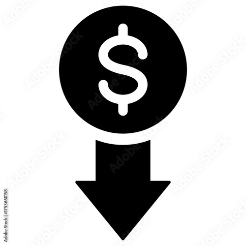 Single black dollar rate decrease glyph icon, simple currency down arrow flat design vector pictogram, infographic interface elements for app logo web button ui ux isolated on white background