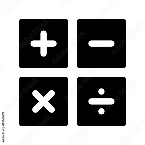 Black single square math buttons icon, simple calculator keys flat design vector pictogram, infographic interface elements for app logo web button ui ux isolated on white background