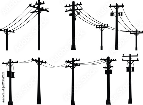 Silhouette, utility poles, power lines, transformers, electrical distribution, infrastructure, energy, electricity, urban planning, grid, technology, industry, black, white, design,