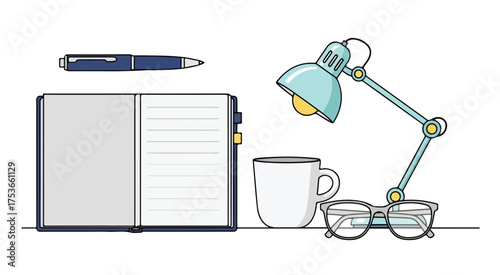 Desk setup illustration with notebook pen lamp coffee cup and glasses for study and work 100