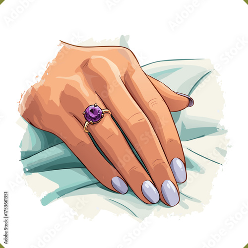 Vector illustration of a female hand with elegant ring and manicure, detailed style, isolated on a white background