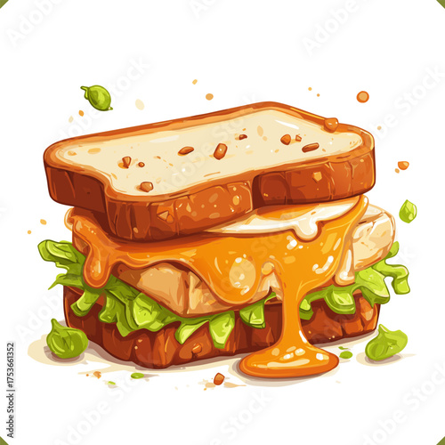 Vector illustration of street style sandwich with egg, cheese, lettuce and bread, isolated on white background