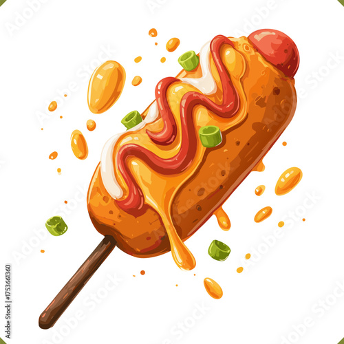 Vector illustration of Korean corn dog on stick with ketchup and mustard topping, isolated on a white background