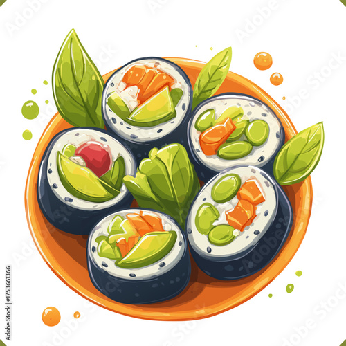 Vector illustration of colorful Korean gimbap rolls with vegetables, isolated on a white background