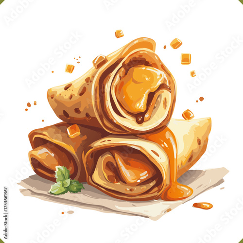 Vector illustration of Korean hotteok sweet pancakes with syrup filling dripping out, isolated on a white background