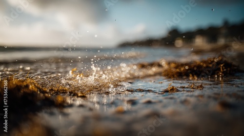 Serene beach scene with water splashing over seaweed at low tide
