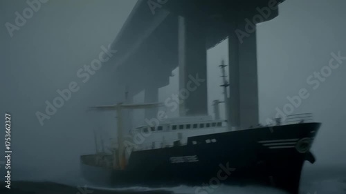 A large ship collides with a concrete structure, causing a huge impact.